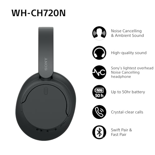 Sony Wireless Noise Cancelling Over-Ear Headphones, Ambient Sound, Lightweight Design, 35hr Battery - Black