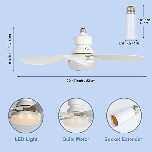 DGE E27 Socket Fan Light Combo, Silent Remote Fans with Dimmable LED, Wireless for Garage Kitchen Bedroom - Energy Class A