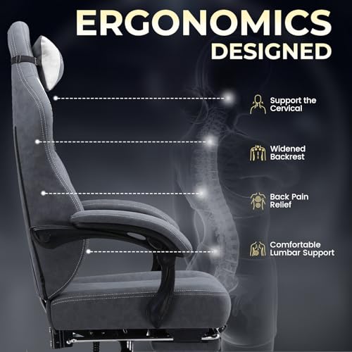 GTPLAYER Gaming Chair with Footrest & Lumbar Support, Ergonomic Computer Chair, Height Adjustable Home Office Chair in Grey
