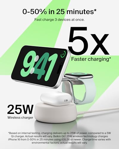 Belkin UltraCharge Pro 25W Magnetic Wireless Charger for iPhone, Apple Watch, AirPods - Qi2 Certified, Cooling Fan - Sand