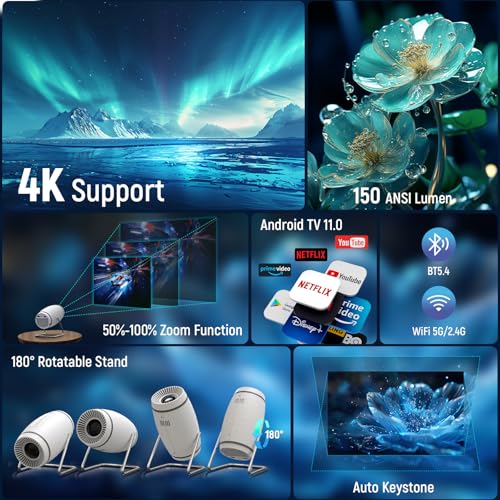 Portable Smart Projector 4K 1080P, WiFi 6, Bluetooth 5.0, Auto Keystone - Ideal for Home, Bedroom, Outdoors
