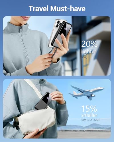 Portable Charger 15000mAh Power Bank with Built-in Cables & LED Display, Fast Charging for iPhone, Android - Black