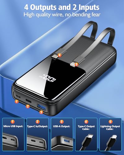 Portable Charger 15000mAh Power Bank with Built-in Cables & LED Display, Fast Charging for iPhone, Android - Black