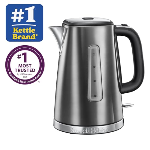 Russell Hobbs Luna Grey 1.7L Cordless Electric Kettle inchQuiet Fast Boil Anti-Scale Filter Easy Push Button Perfect Pour Spout