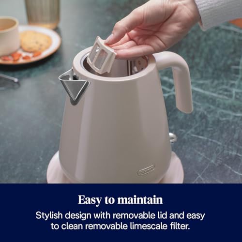 De'Longhi Eclettica 1.7L Rapid Boil Electric Kettle, Customizable Design, Anti Scale Filter, Stainless Steel, Beige