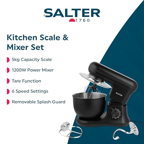 Salter Kitchen Scale & Mixer Set - Digital Baking Scale, 5kg Capacity, Stainless Steel, Kuro Mixer, 6 Speeds, 1200W