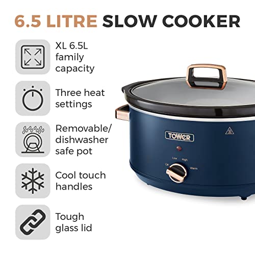 Tower Cavaletto 6.5L Slow Cooker, 3 Heat Settings, Cool Touch Handles, Midnight Blue
