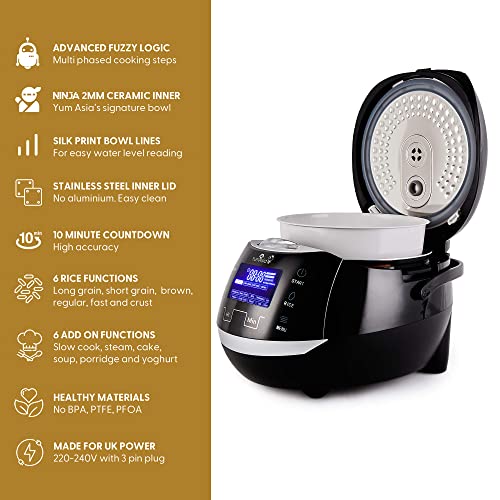 Yum Asia Sakura Rice Cooker - Ceramic Bowl, Fuzzy Logic - 6 Cook & Multicook Functions - LED Display - 220-240V Power