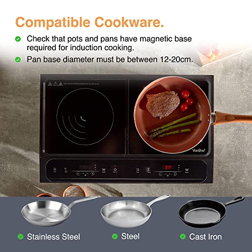 VonShef Double Induction Hob: Portable Twin Plate Electric Cooktop with LED Display, Timer - 10 Heat Settings 60-240°C