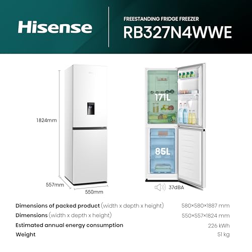 Hisense 55cm Fridge Freezer: 251L, No Frost, Water Dispenser