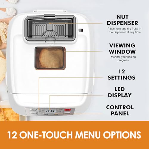 Kitchen in the Box Bread Maker: 12 Programs, Gluten-Free, Fruit Nut Dispenser, Nonstick Pan, 2 Loaf Sizes, Delay Timer, Keep Warm