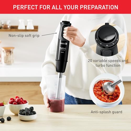 Tefal Optichef Hand Stick Blender: 20 Speeds, Powelix Blades, 1000W, 800ml Beaker, Chopper - Black