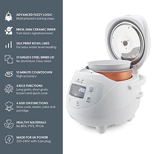 Yum Asia Panda Mini Rice Cooker - Ninja Ceramic Bowl - Fuzzy Logic - 4 Rice & Multicooker Functions - LED Display - Arctic White