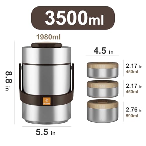 AUSAULAC Stainless Steel 3500ml Vacuum Insulated Hot Food Jar - Portable 3 Tier Bento Lunch Boxes - Wide Mouth, Keep Thermal (Silver)