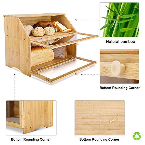 Leader Accessories Bamboo Bread Bin 2-Layer Box for Kitchen Storage - Large Capacity 15.3 x 9.8 x 12.6 inch