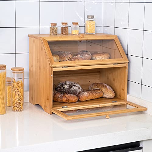 Leader Accessories Bamboo Bread Bin 2-Layer Box for Kitchen Storage - Large Capacity 15.3 x 9.8 x 12.6 inch