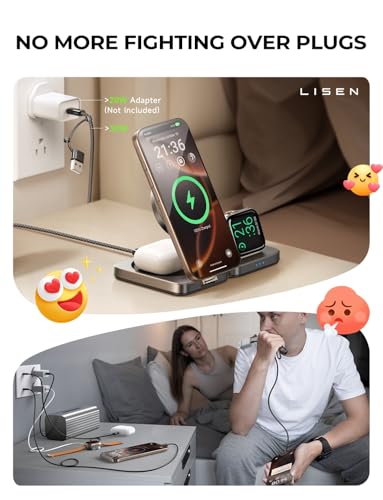 LISEN 3-in-1 Wireless Charging Station for iPhone, Apple Magsafe Charger Stand - Qi2 Charger, Magnetic Charging Dock Pad - Pro Max, iWatch, Airpods