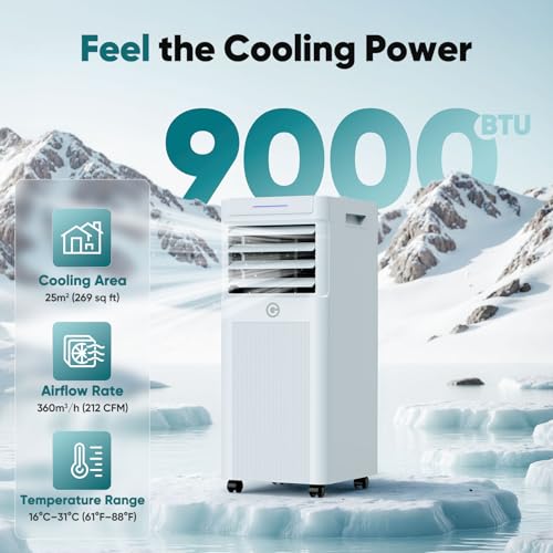 Portable Air Conditioner 9000 BTU, 4-in-1 Cooling, Dehumidifier, Fan - Remote Control, Timer, Window Kit - For Rooms Up to 269sq.ft