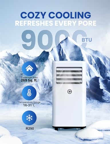 Portable Air Conditioner 9000 BTU 4-in-1 Dehumidifier & Fan - Remote Control, Digital Display - 2 Speeds, 24H Timer - 269sq.ft Room