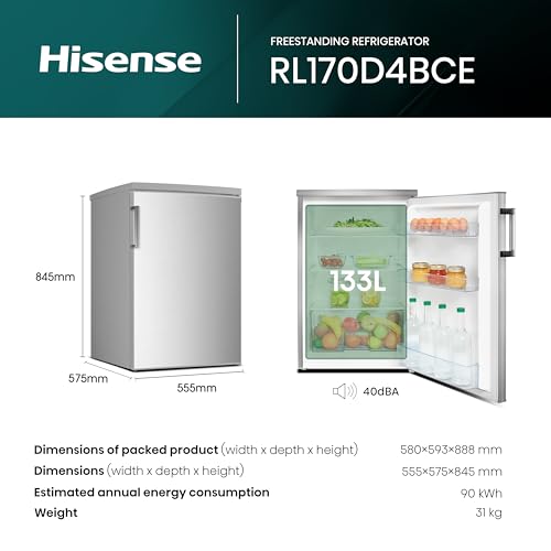 Hisense Under Counter Larder Fridge with LED Lighting, Stainless Steel - 133L, 56x84.5x57.5cm