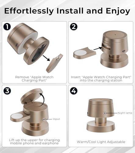 BLESSOURCE Magnetic Wireless Charger Station for iPhone, Apple Watch, AirPods - Fast Charging with Night Light - 4-in-1 Multi-Device Hub