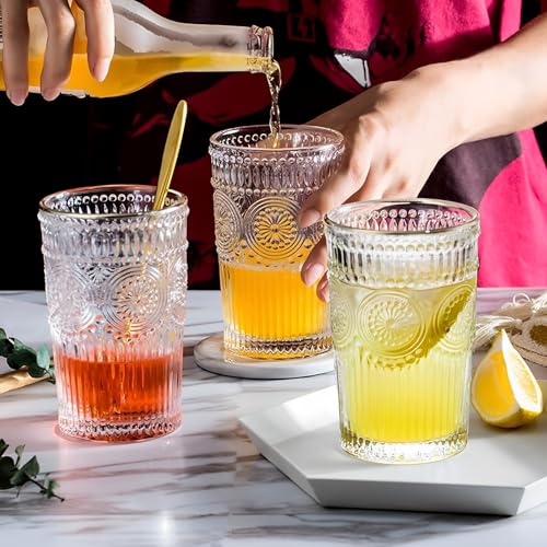 ZhouZGlass 6 Pack 12oz Drinking Glasses Set, Romantic Flower Design, Juice Cups for Cocktails, Home & Bar