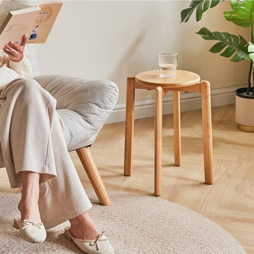 YMYNY Solid Wood Round Stool Set - Stackable Small Stools for Living Room, Kitchen - Shoes Change & Dressing Stool - Natural Color