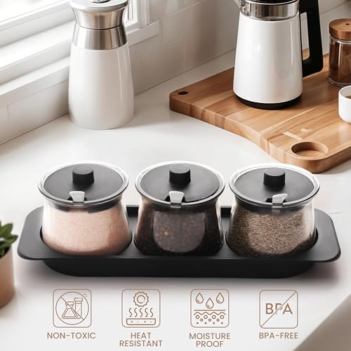 BELLE VOUS Seasoning Box Set with Tray - Clear Spice Jars with Lids and Spoons - Kitchen Condiment Storage