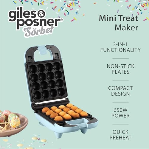 Giles & Posner Mini Treat Maker: Doughnuts, Cake Pops, Waffle Iron - Non-Stick Plates, Easy Clean - Children’s Baking - Pastel Blue