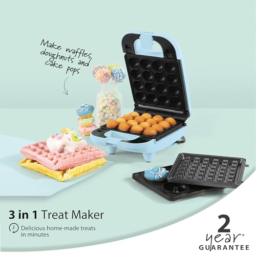 Giles & Posner Mini Treat Maker: Doughnuts, Cake Pops, Waffle Iron - Non-Stick Plates, Easy Clean - Children’s Baking - Pastel Blue