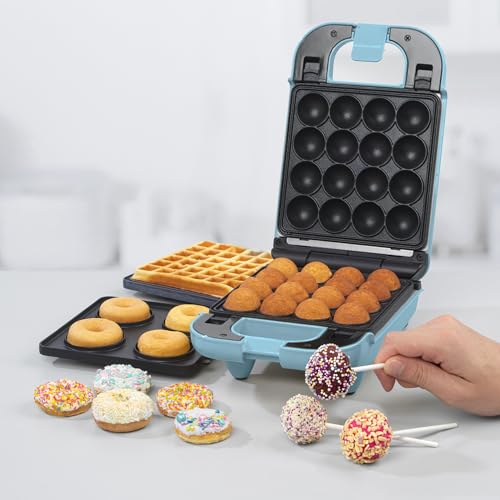 Giles & Posner Mini Treat Maker: Doughnuts, Cake Pops, Waffle Iron - Non-Stick Plates, Easy Clean - Children’s Baking - Pastel Blue