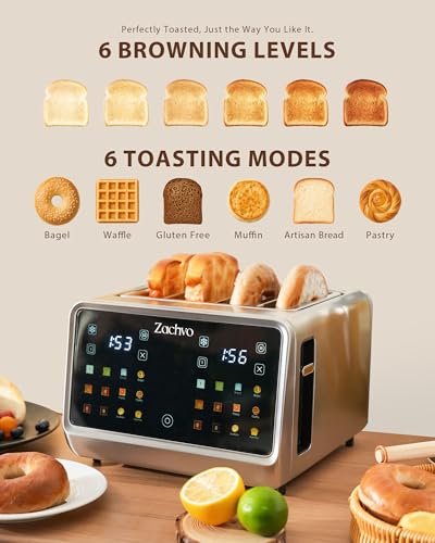 ZACHVO 4-Slice Toaster: Dual Controls, Extra-Wide Slots, Smart Touchscreen, 6 Browning Levels