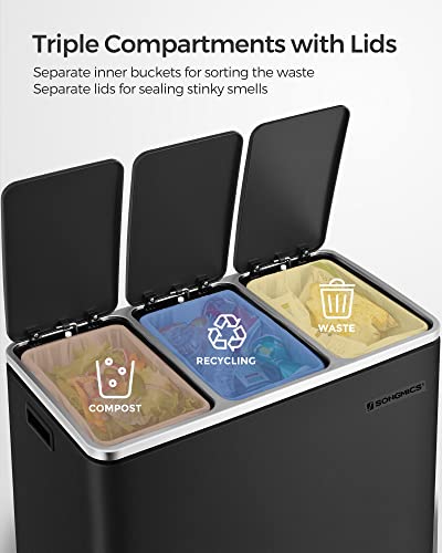 SONGMICS 3 x 18L Recycling Bin with Soft-Close Lids & Pedals