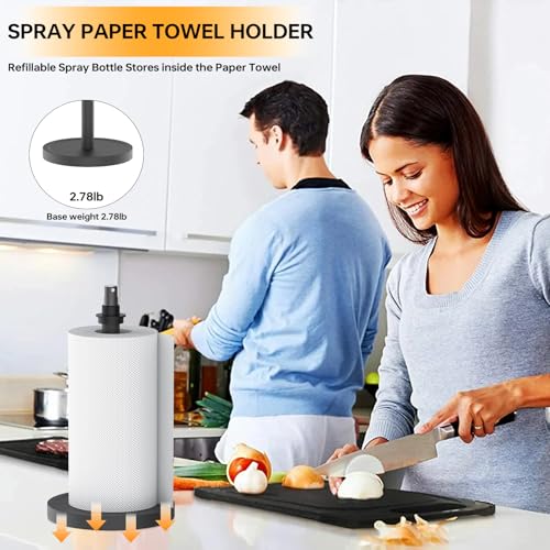 Manduoye Paper Towel Holder w/ Spray Bottle, One-Handed Operation, Non Slip Base - Countertop Kitchen & Bathroom Accessory
