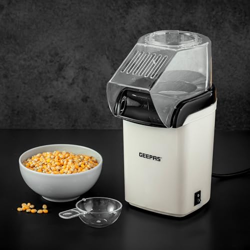 Geepas Popcorn Maker: Hot, Fresh, Healthy Theater-Style Popcorn | 1200W, Oil-Free, Attractive Design | On/Off Switch, 2-Year Warranty