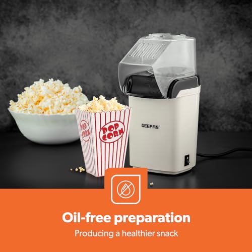 Geepas Popcorn Maker: Hot, Fresh, Healthy Theater-Style Popcorn | 1200W, Oil-Free, Attractive Design | On/Off Switch, 2-Year Warranty