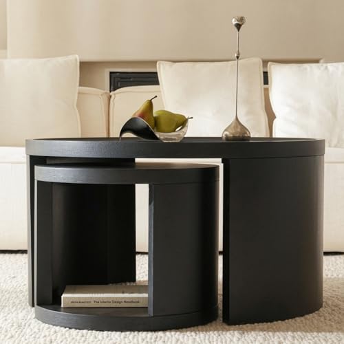 Cagnolier Round Coffee Table Set: Modern Pine Wood Side Table for Living Room Sofa, Space-Saving Design, 80x46cm Black