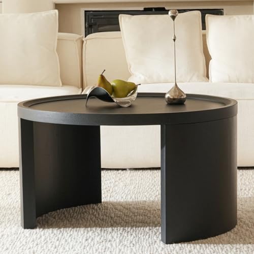 Cagnolier Round Coffee Table Set: Modern Pine Wood Side Table for Living Room Sofa, Space-Saving Design, 80x46cm Black