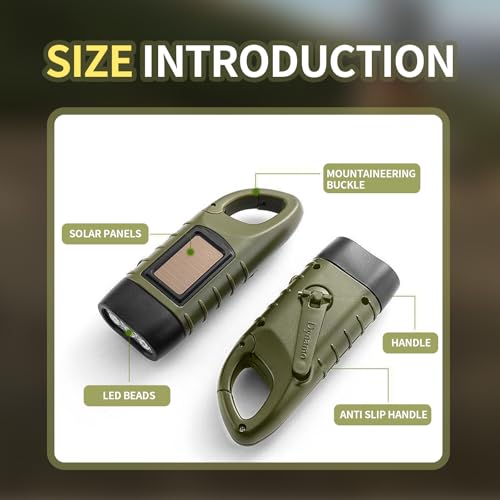 Telidif Wind Up LED Hand Crank Solar Torch 2-Pack - Bright Emergency Light with Carabiner - Camping, Hiking, Outdoor Gear