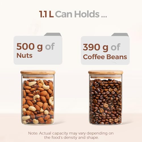 ComSaf Glass Storage Containers 1.1L, Set of 9 Bamboo Lids - Food Pantry Organizers for Flour Tea Coffee