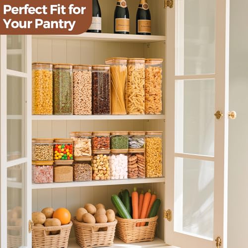 ComSaf Glass Storage Containers 1.1L, Set of 9 Bamboo Lids - Food Pantry Organizers for Flour Tea Coffee