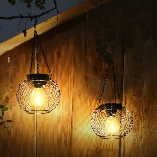 KagoLing Solar Lanterns: 2 Pack Outdoor Garden Hanging Lights, IP65 Waterproof, Auto On/Off, Metal Yard Art for Patio Fence - Warm White