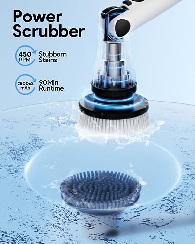 Leebein Electric Spin Scrubber: Upgraded Cleaning Tool with Long Handle & 8 Brush Heads - Remote Control Bathroom Floor Cleaner
