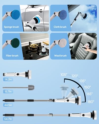 Leebein Electric Spin Scrubber: Upgraded Cleaning Tool with Long Handle & 8 Brush Heads - Remote Control Bathroom Floor Cleaner