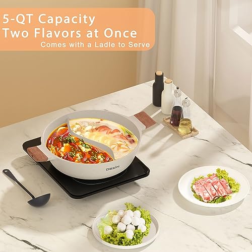 DEZIN 5-QT Dual Sided Nonstick Shabu Pot for Hotpot, 12 Inch Divider, Induction Cooktop, Gas Stove, Soup Ladle