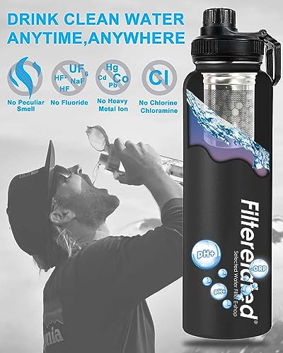 Stainless Steel Alkaline Water Bottle - Portable Sports Filter, pH 9+, 800ml - Ideal for Travel, Home, Health - Black