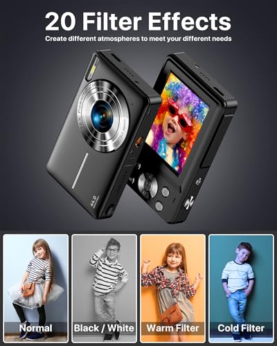 Compact Digital Camera 44MP 1080P, 16X Zoom, 2.4" LCD Screen, Vlogging for Kids, Beginners, Teens - Black