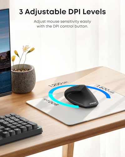 Anker Wireless Vertical Ergonomic Mouse, 800-1600 DPI, 5 Buttons, for Laptop, PC - Black