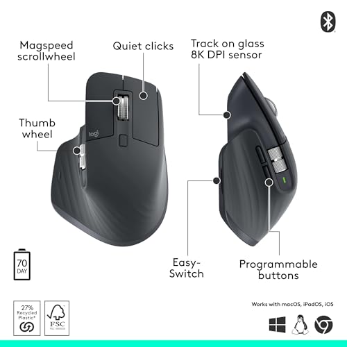 Logitech MX Master 3S Wireless Mouse: Ultra-Fast Scrolling, Ergonomic Design, 8K DPI, Silent Clicks - Dark Gray