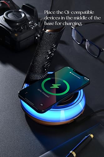 i-Smt LED Table Lamp Wireless Charging, Eye Protection, 9 Lighting Modes, Calendar, Time, Alarm, Temperature Display, Adjustable Gooseneck Arm, Neon Base